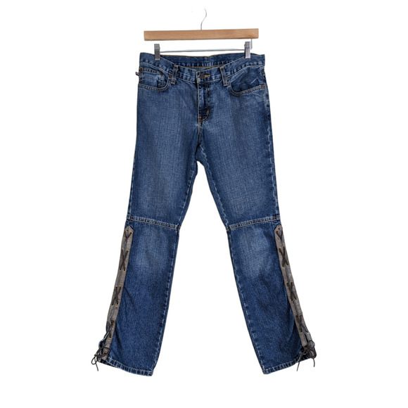Vintage Polo Ralph Lauren Jeans Y2K Flare Boot Lace Up Western Low Rise Blue 8 - Picture 1 of 13